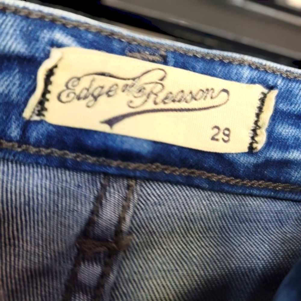 Edge Of Reason Medium Wash Distressed Patchwork Skinny Denim Jeans Size 29 - Picture 2 of 5